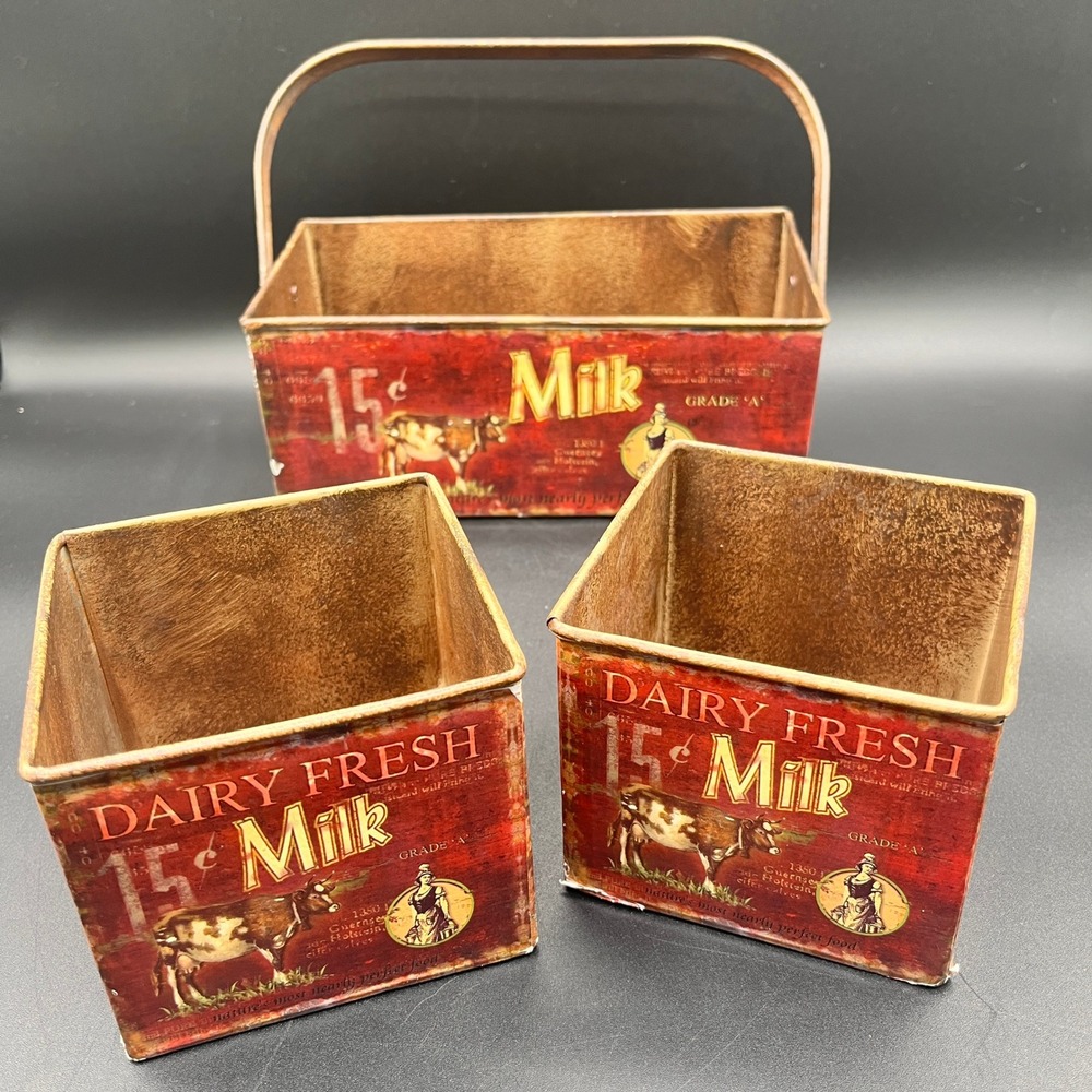 Vtg-Style Dairy Fresh Milk Metal Nesting Crates Tin‎ 3 Piece Set Farmhouse Decor